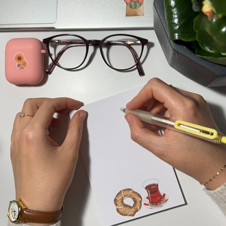 Simit ve çay temalı notepad /Çek kopar not defteri, A6 boyutu, 40 sf., Tutkallı bloknot