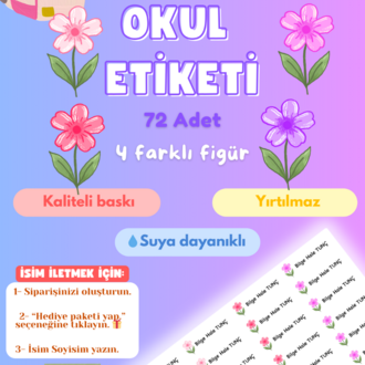 72 Adet Mor Çiçek Temalı Kişiye Özel Okul Etiketi İsim Yazılabilen Etiket Kalem Defter Etiket