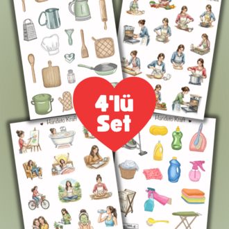 4'lü Mutfak ve Temizlik Sticker Seti, Planner Etiket, Çıkartma, Çoklu Sticker, Journal Sticker