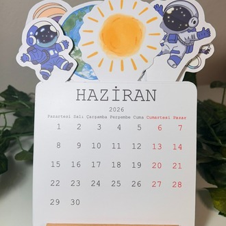 Uzay Temalı Ahşap Ayaklı Özel Tasarım Takvim 2026 Takvim Masa Takvimi Yılbaşı