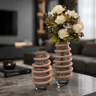 2 Lİ HANDMADE SARMAL DETAYLI ARAJMAN ÇİÇEKLİ VAZO SETİ