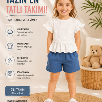 Beyaz Kendinden Kabartma Desenli Gömlek Şort Takım