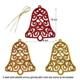Simli Plastik 3 Renk Yılbaşı Çam Ağacı Süsü Noel Çanı Modeli 3 Adet