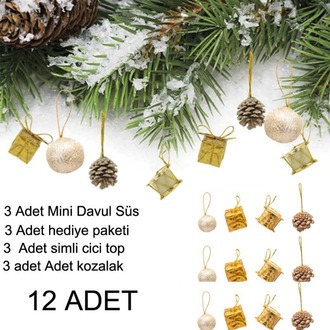 Altın Renk 3 cm Yılbaşı Çam Ağacı Süsü Karışık Model 12 Adet