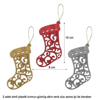 Simli Plastik 3 Renk Yılbaşı Çam Ağacı Süsü Noel Baba Çizmesi Modeli 3 Adet