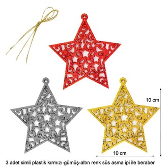 Simli Plastik 3 Renk Yılbaşı Çam Ağacı Süsü Yıldız Modeli 3 Adet