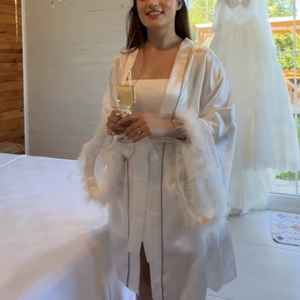 Takım Kimono Biyeli Kolları Malibu Tüylü Sabahlık 90 cm & İç Elbise