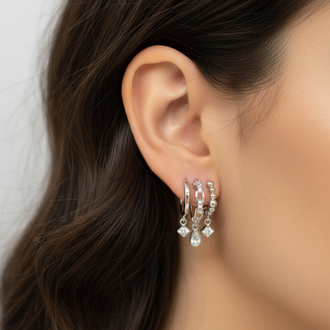 3’lü Görünümlü Ortası zincirli Silver küpe