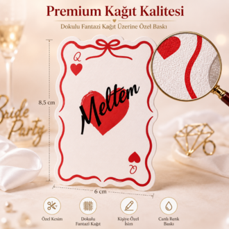 25 Adet Kişiye Özel İsimli İskambil Queen Kartı 6x8,5 cm | Bride Bachelorette Etkinlik Kartı