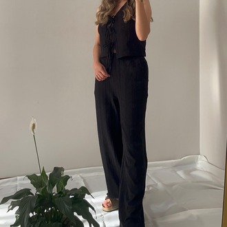 SİYAH İPLİ DETAYLI YELEK PANTOLON TAKIM