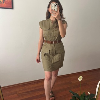 HAKİ, KEMERLİ, DÖRT CEPLİ, KETEN SAFARİ ELBİSE