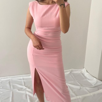 PEMBE YIRTMAÇLI VATKALI ELBİSE