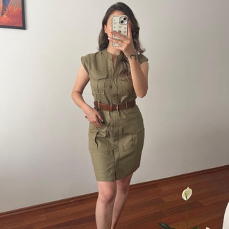 HAKİ, KEMERLİ, DÖRT CEPLİ, KETEN SAFARİ ELBİSE