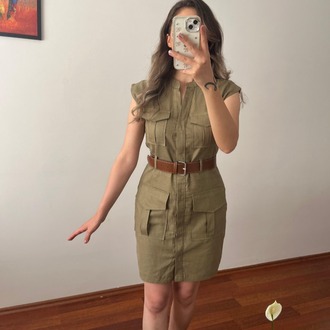 HAKİ, KEMERLİ, DÖRT CEPLİ, KETEN SAFARİ ELBİSE