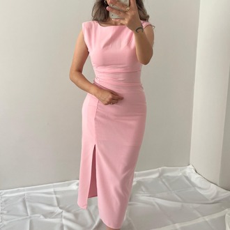 PEMBE YIRTMAÇLI VATKALI ELBİSE