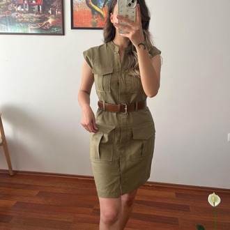 HAKİ, KEMERLİ, DÖRT CEPLİ, KETEN SAFARİ ELBİSE