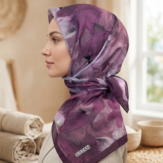 FRESH PAMUK ZAMBAK DESEN PUDRA-MÜRDÜM EŞARP 