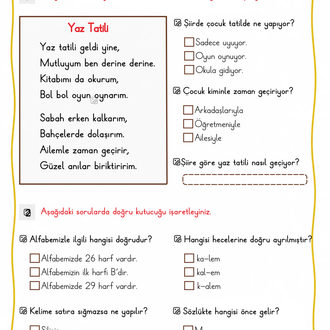 1.Sınıf Yaz Tatili Çalışma Etkinlikleri