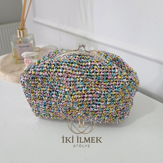 Vintage Klipsli Işıltılı Clutch Çanta | Özel Tasarım Renkli Örgü El Çantası