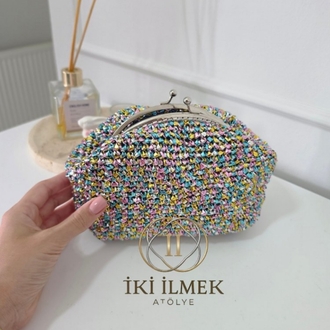 Vintage Klipsli Işıltılı Clutch Çanta | Özel Tasarım Renkli Örgü El Çantası