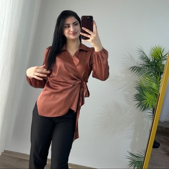KAHVE  BAĞLAMALI SATEN GÖMLEK