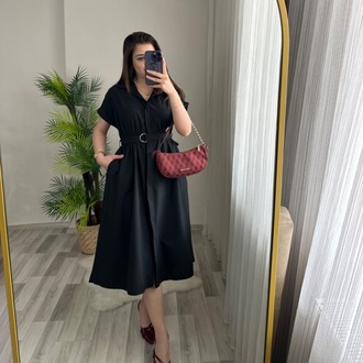 LADY KUŞAKLI CEPLİ MIDI BOY ELBİSE