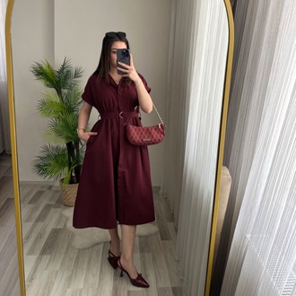 LADY KUŞAKLI CEPLİ MIDI BOY ELBİSE