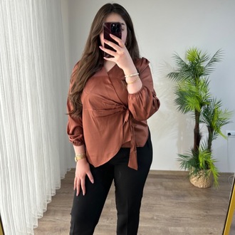 KAHVE  BAĞLAMALI SATEN GÖMLEK