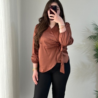 KAHVE  BAĞLAMALI SATEN GÖMLEK