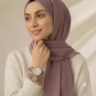 Özel Tasarım Şifon Şal, Saat ve Bileklik Kombin Seti GÜL KURUSU