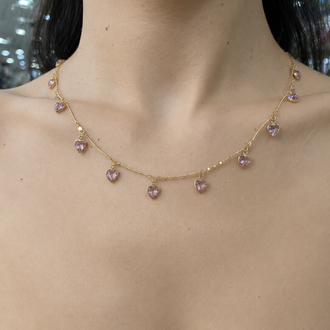  Pembe Kalp Zirkon Taşlı Gold Çelik Kolye