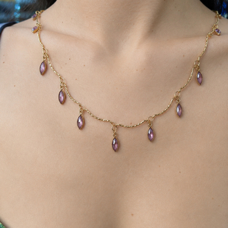 Pembe Zirkon Taşlı Gold Renk Kolye
