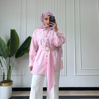 PEMBE/ PİLİSE KEMERLİ GÖMLEK