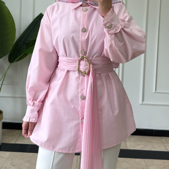 PEMBE/ PİLİSE KEMERLİ GÖMLEK