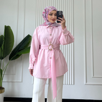 PEMBE/ PİLİSE KEMERLİ GÖMLEK