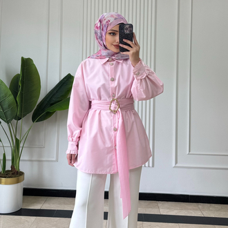 PEMBE/ PİLİSE KEMERLİ GÖMLEK
