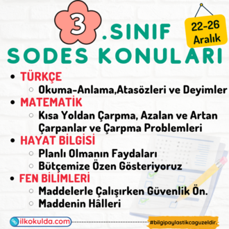 3. Sınıf 15. Hafta (22-26 Aralık) Süreç Değerlendirme Sınavı (SODES)