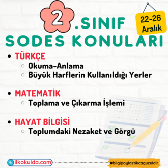2. Sınıf 15. Hafta (22-26 Aralık) Süreç Değerlendirme Sınavı (SODES)