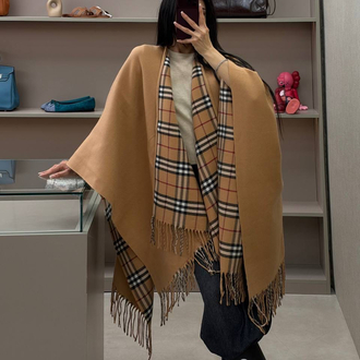 Burberry Reversible Check Wool Cape in Sand Beige
