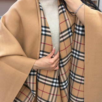 Burberry Reversible Check Wool Cape in Sand Beige