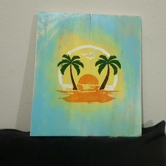 El Yapımı Masif Ahşap Duvar Süsü - 35x30 cm - Okyanusta gün batımı
