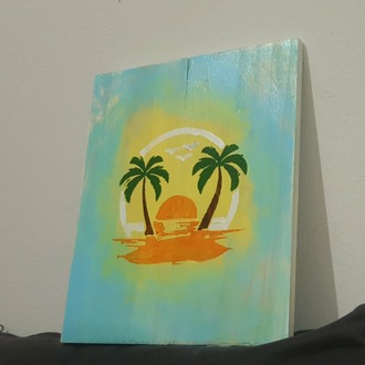 El Yapımı Masif Ahşap Duvar Süsü - 35x30 cm - Okyanusta gün batımı