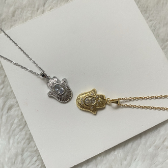 Oval Taşlı Hamsa (Fatma Ana El) Çelik Kolye