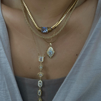 Crystal | Vintage Oval Taşlı Gold Çelik Kolye