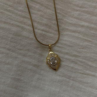 Crystal | Vintage Oval Taşlı Gold Çelik Kolye