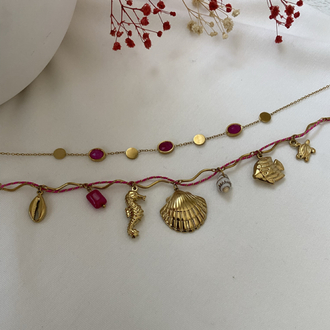 Pembe Oval Taşlı & Pembe İp Detay Charm’lı İkili Çelik Kolye Kombin Seti