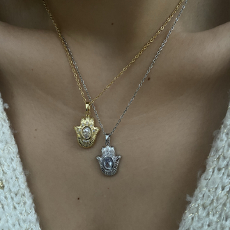 Oval Taşlı Hamsa (Fatma Ana El) Çelik Kolye