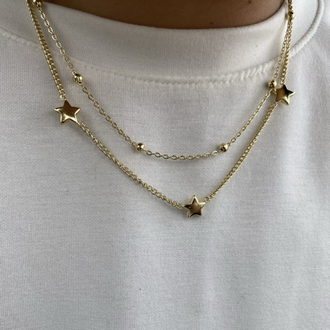Özel Seri | 14K Dorika Zincirli ve 3’lü Yıldız İkili Kombin Kolye