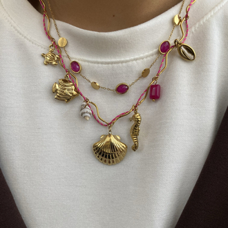 Pembe Oval Taşlı & Pembe İp Detay Charm’lı İkili Çelik Kolye Kombin Seti