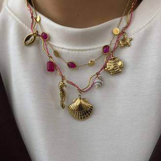 Pembe Oval Taşlı & Pembe İp Detay Charm’lı İkili Çelik Kolye Kombin Seti